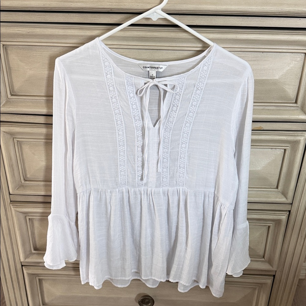 Counterparts White Peasant Blouse with Lace Trim